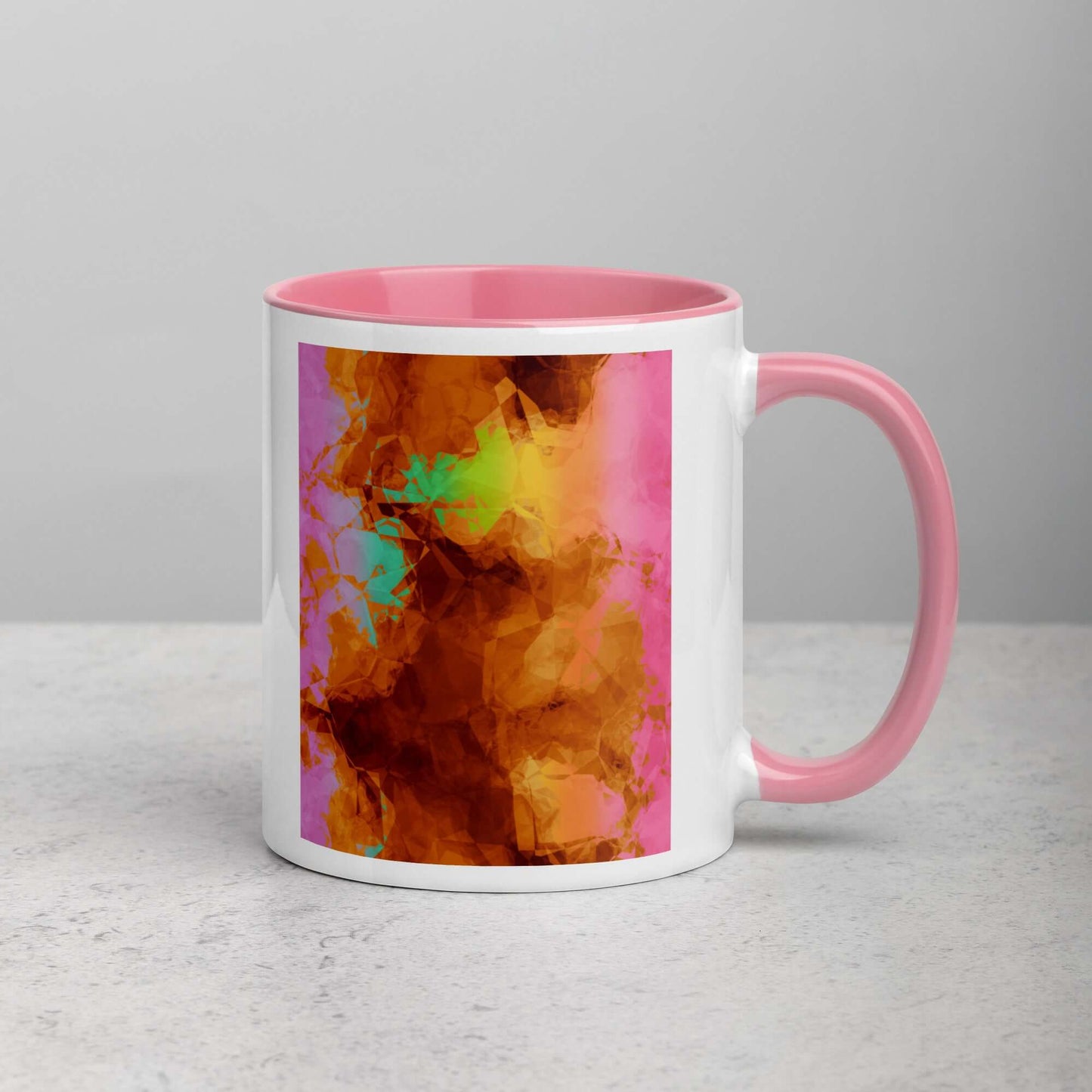 Abstract Smoky Rainbow on Brown Background “Burnt Rainbow Crumple” Abstract Art Mug with Light Pink Color Inside Right Handed Front View