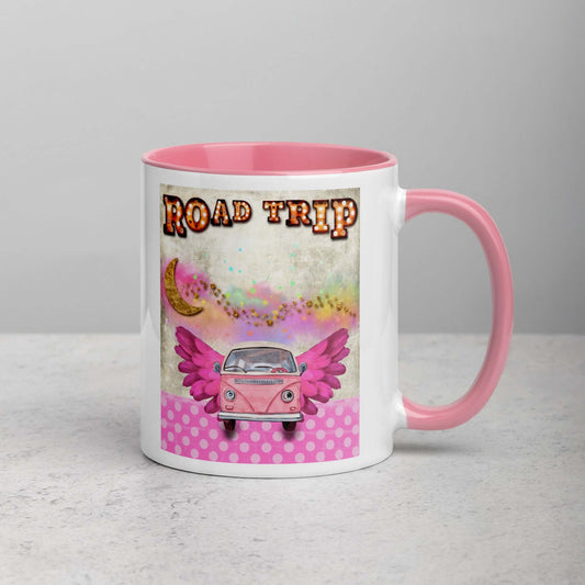 Pink Camper Van in Rainbow Clouds with Moon and Stars “Road Trip” Mug with Light Pink Color Inside Right Handed Front View