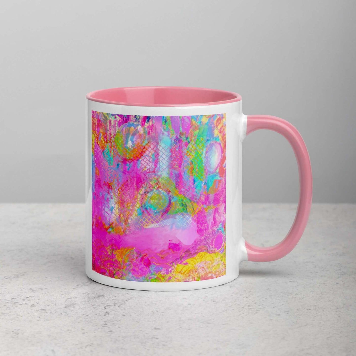  Drippy Pink “Candyland” Abstract Art Mug with Light Pink Color Inside Right Handed Front View