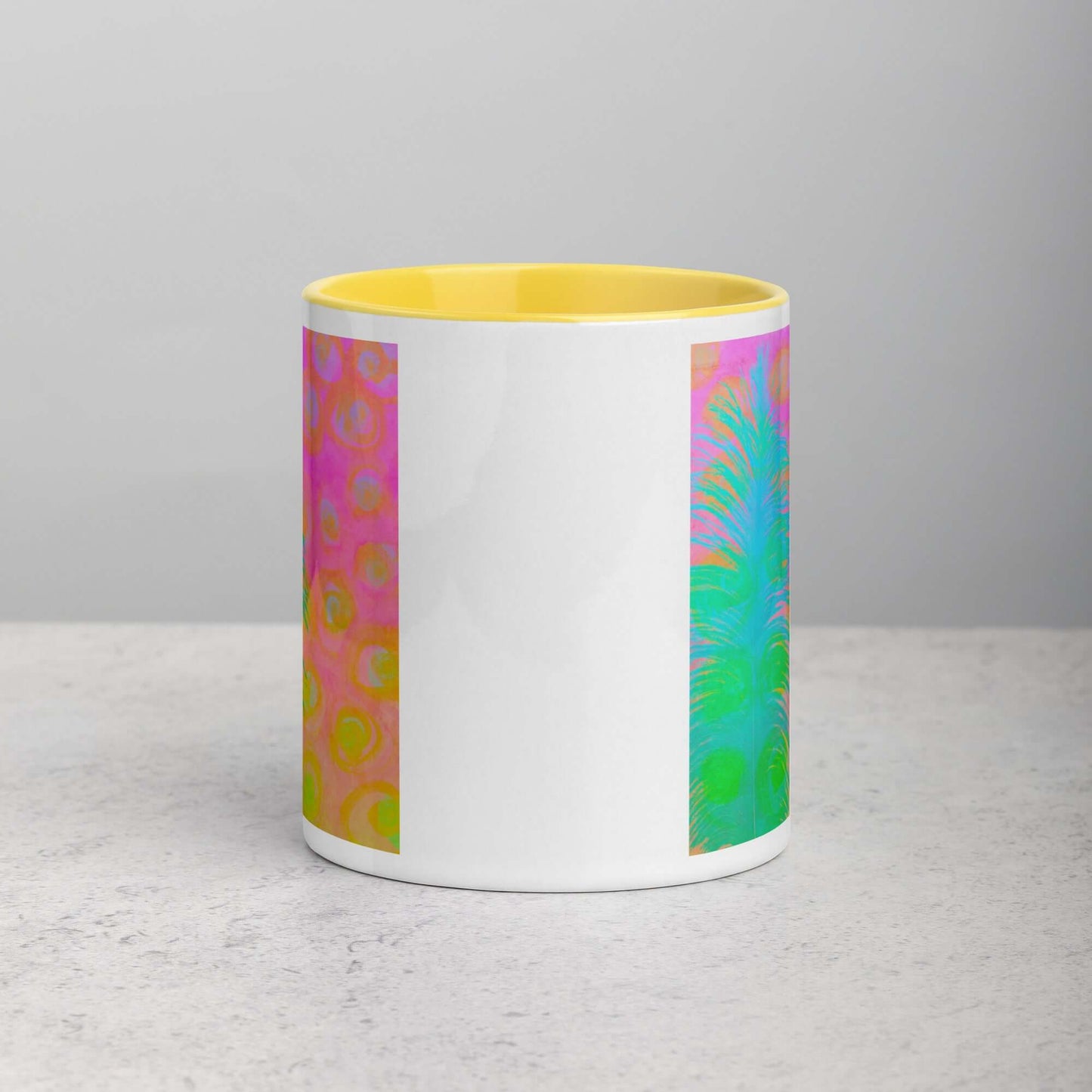 Bright Blue-Green Ostrich Feather on Pink and Yellow Background “My Other Half” Abstract Art Mug with Bright Yellow Color Inside Side View