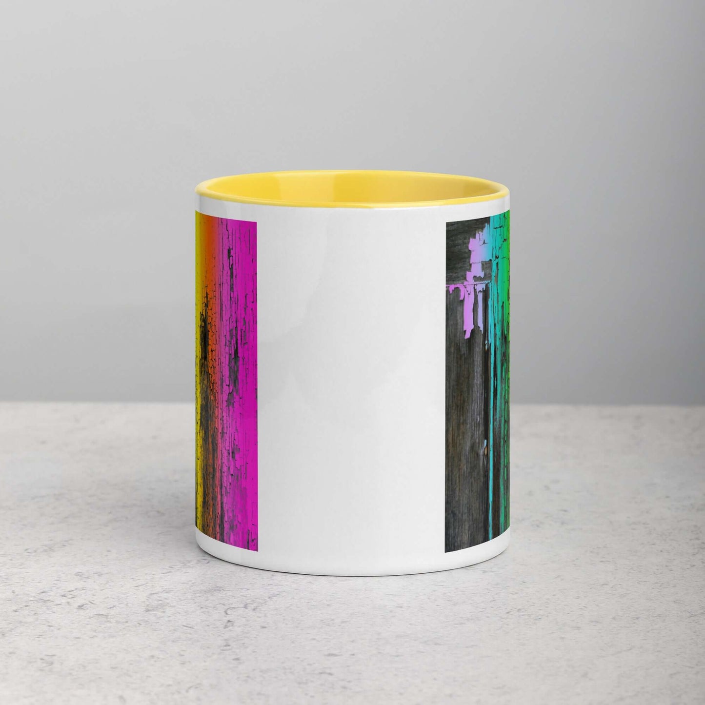 Rainbow Paint Drips on Old Wood “Rainbow Crackle” Mug with Bright Yellow Color Inside Side View