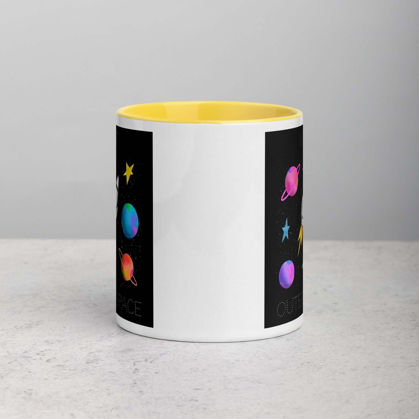 Whimsical Space Rocket with Colorful Planets and Stars on Black Background with Text “Visit Outer Space” Mug with Bright Yellow Color Inside Side View