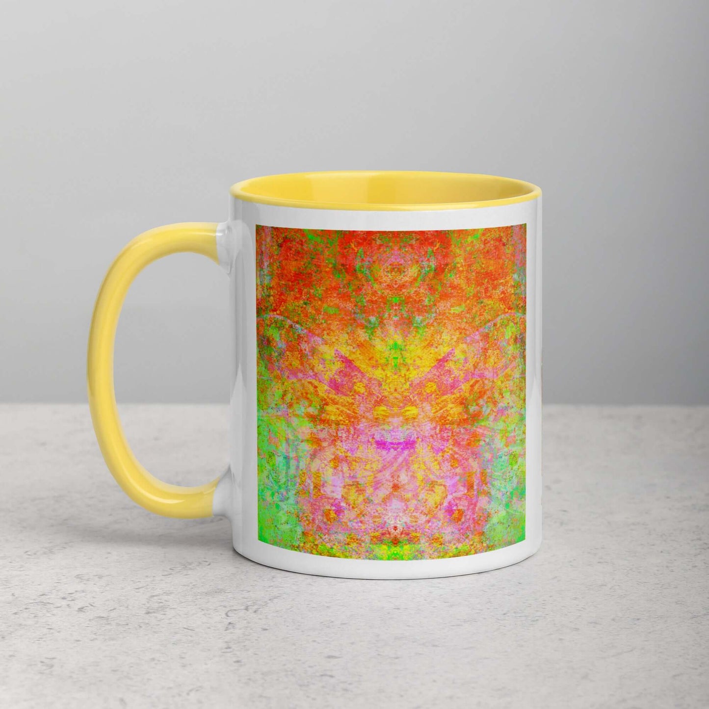 Green and Orange Butterfly Shaped “Firefly” Abstract Art Mug with Bright Yellow Color Inside Left Handed Front View