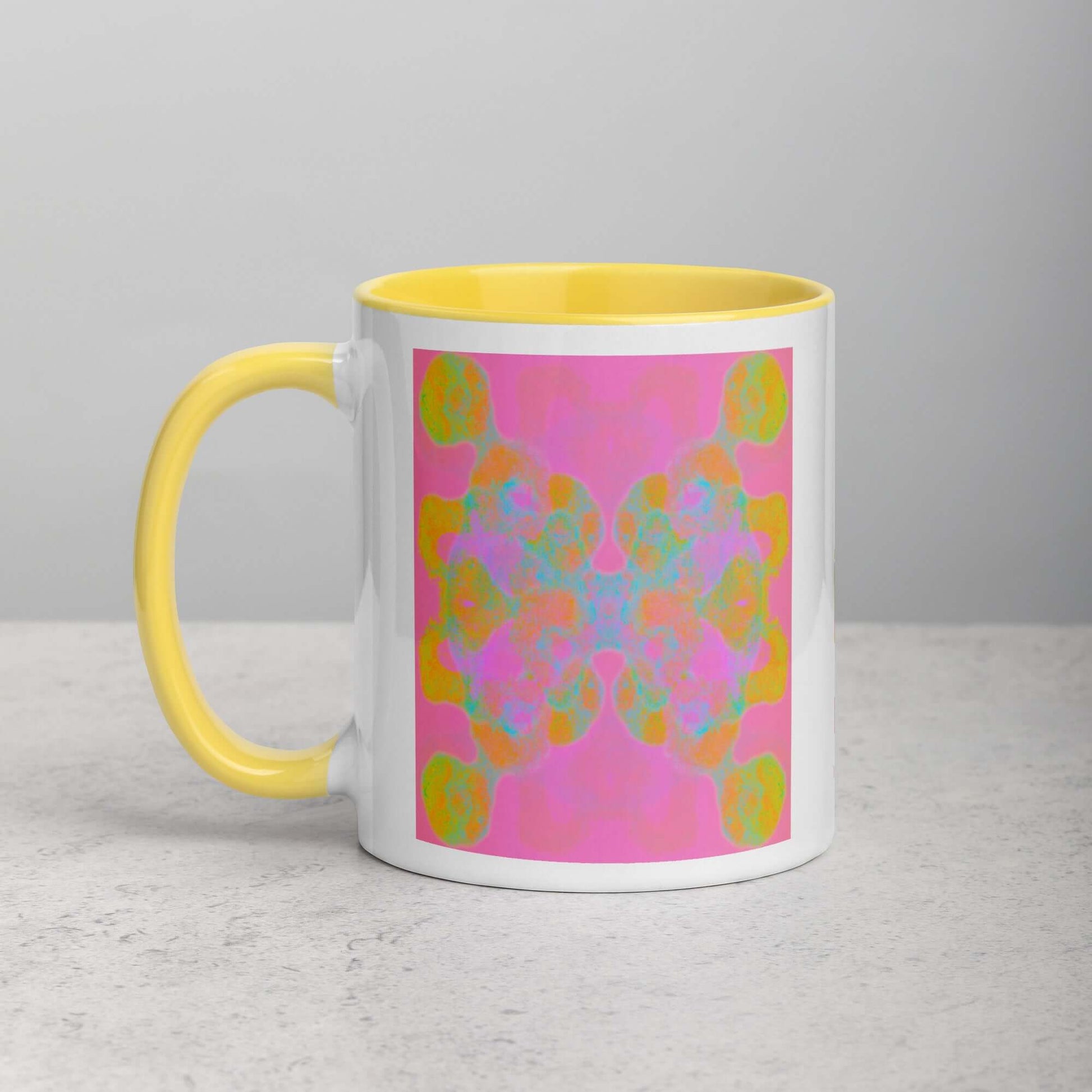 Colorful Abstract Butterfly Shape on Pink Background “Double the Fun” Abstract Art Mug with Bright Yellow Color Inside Left Handed Front View