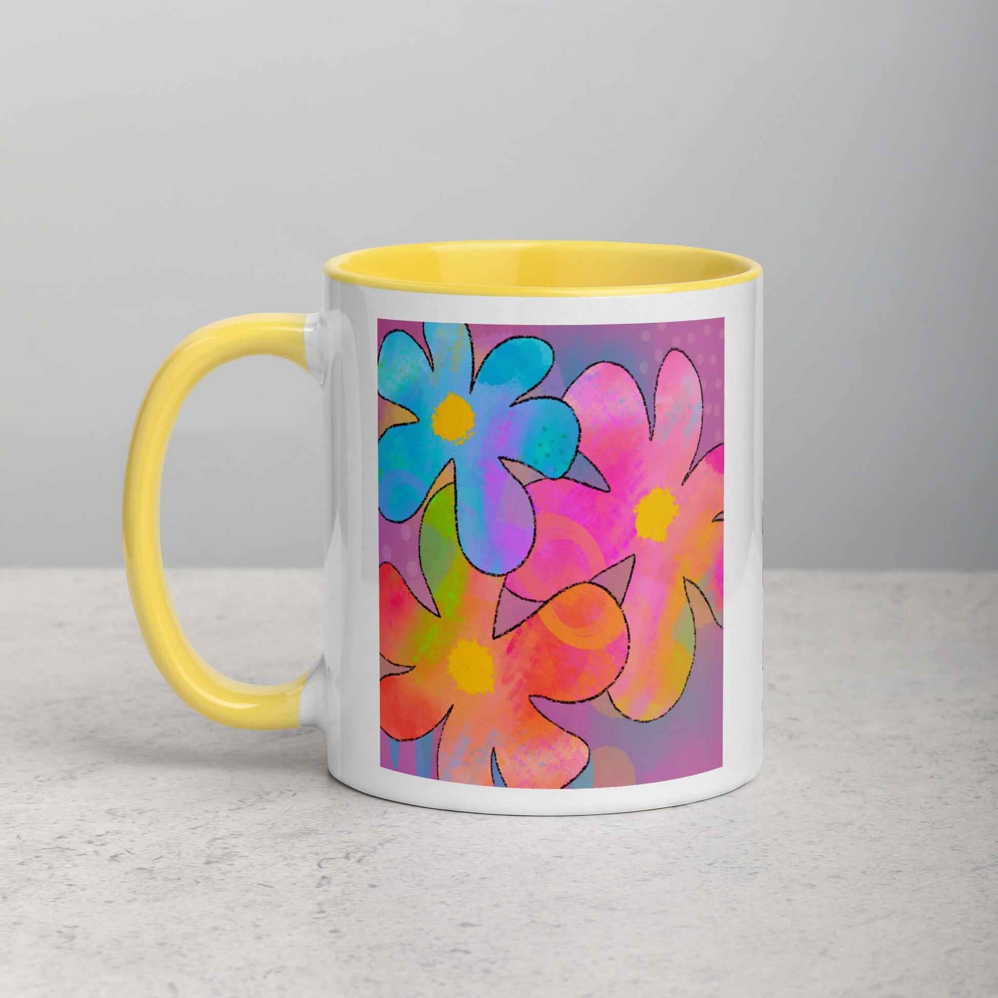 Big Colorful 1960s Psychedelic “Hippie Flowers” Mug with Bright Yellow Color Inside Left Handed Front View