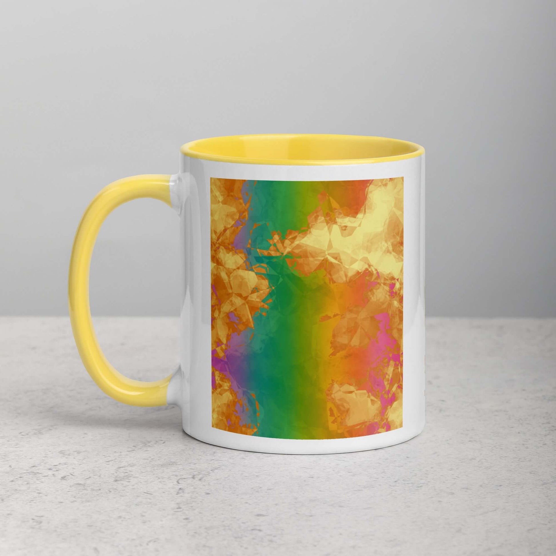 Fiery Rainbow “Rainbow Geode” Abstract Art Mug with Bright Yellow Color Inside Left Handed Front View