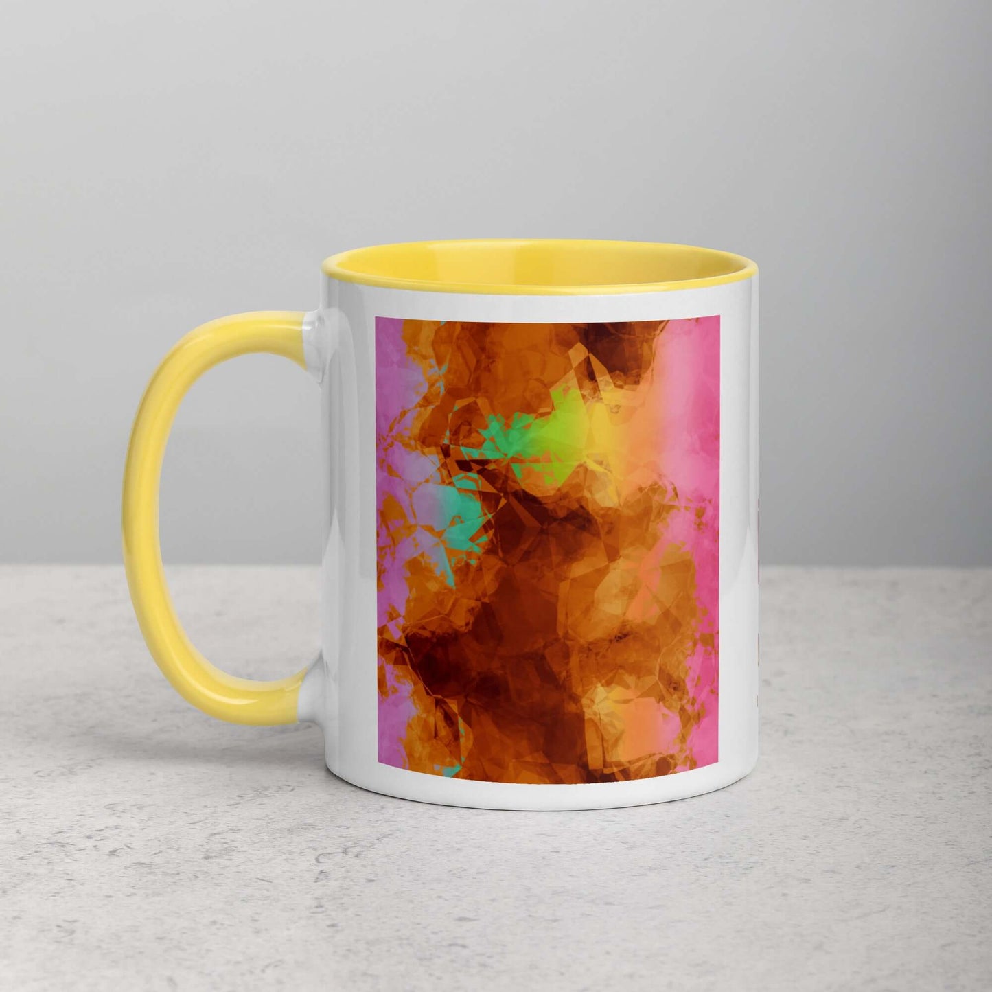 Abstract Smoky Rainbow on Brown Background “Burnt Rainbow Crumple” Abstract Art Mug with Bright Yellow Color Inside Left Handed Front View