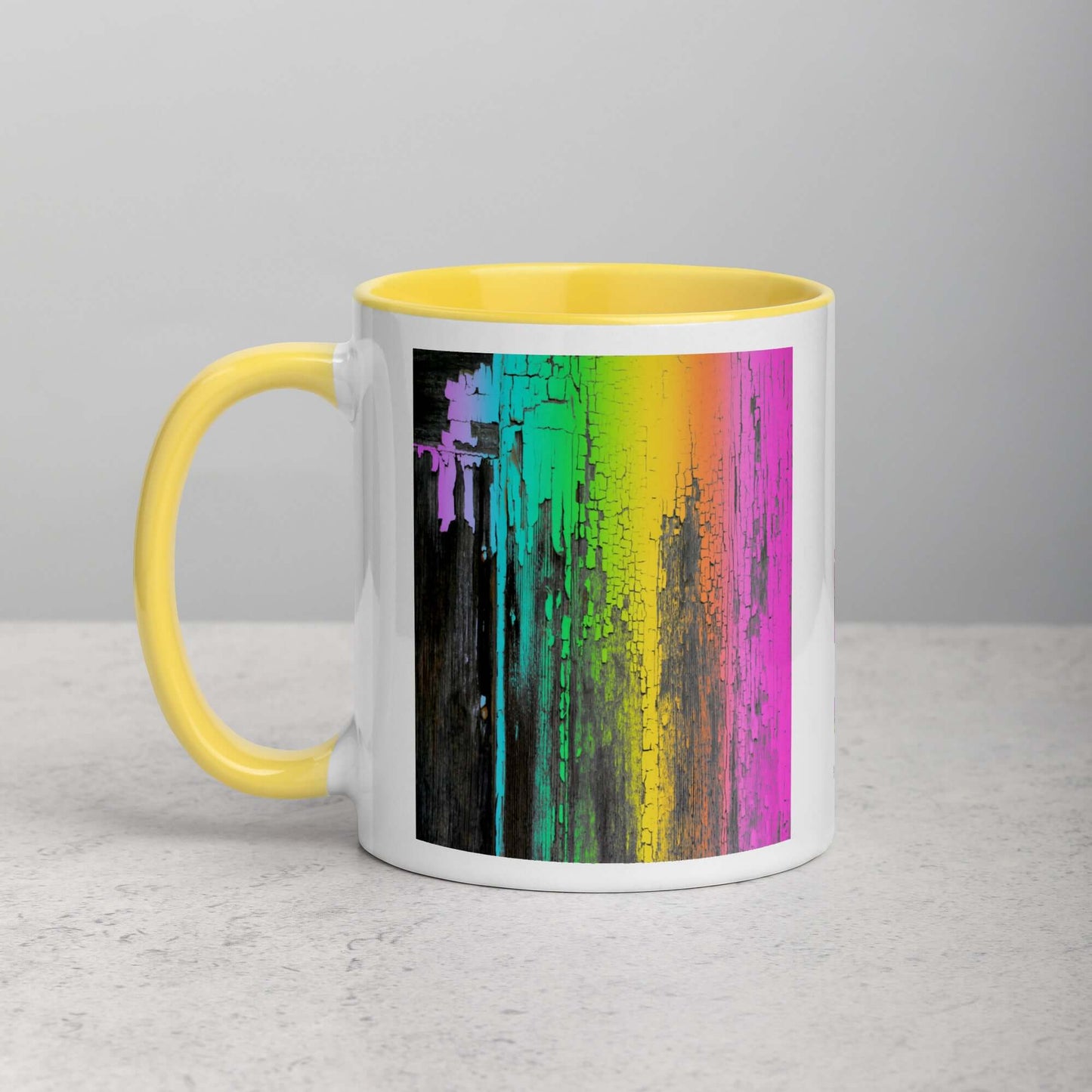 Rainbow Paint Drips on Old Wood “Rainbow Crackle” Mug with Bright Yellow Color Inside Left Handed Front View