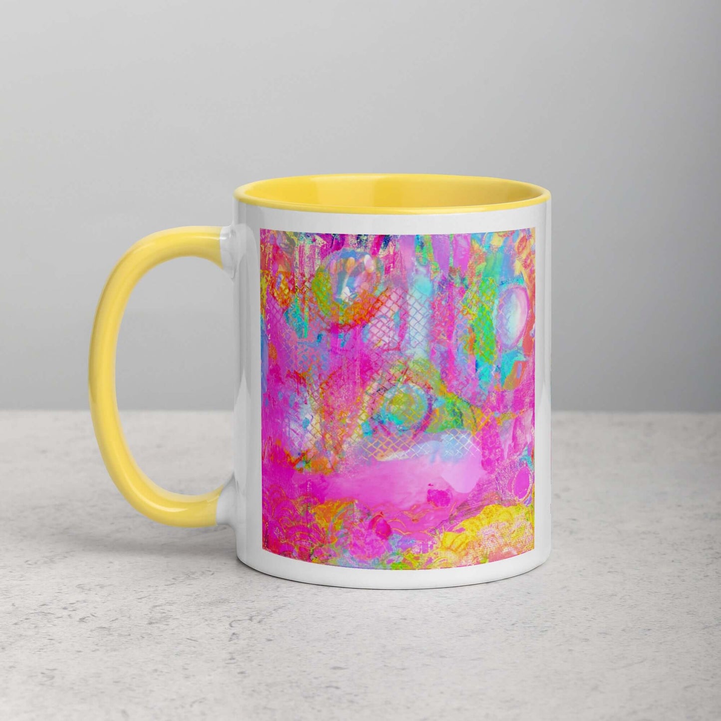  Drippy Pink “Candyland” Abstract Art Mug with Bright Yellow Color Inside Left Handed Front View