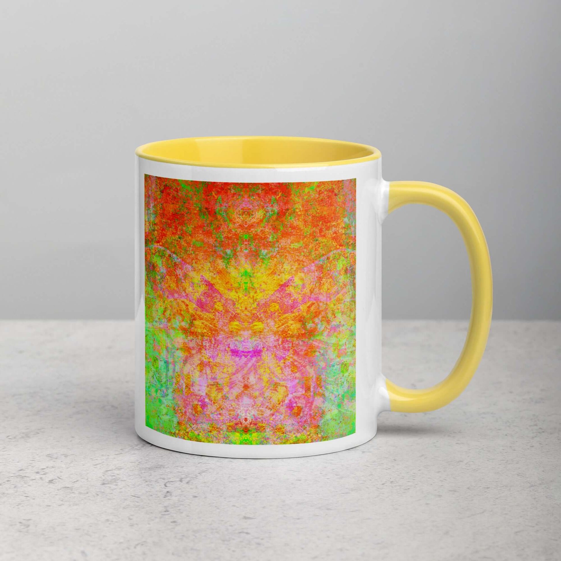 Green and Orange Butterfly Shaped “Firefly” Abstract Art Mug with Bright Yellow Color Inside Right Handed Front View