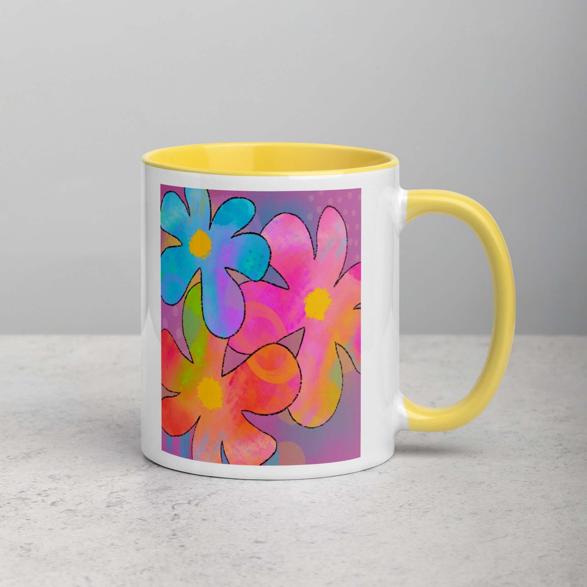 Big Colorful 1960s Psychedelic “Hippie Flowers” Mug with Bright Yellow Color Inside Right Handed Front View