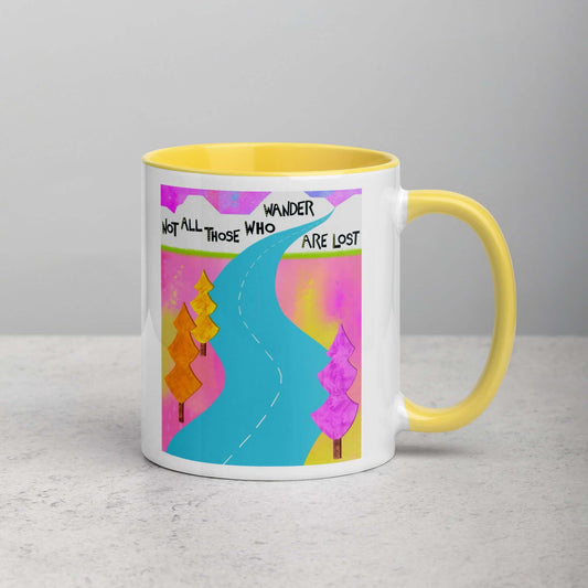 Whimsical Light Blue Highway into the Distant Mountains with Text “All Those Who Wander Are Not Lost” “Wander” Mug with Bright Yellow Color Inside Right Handed Front View