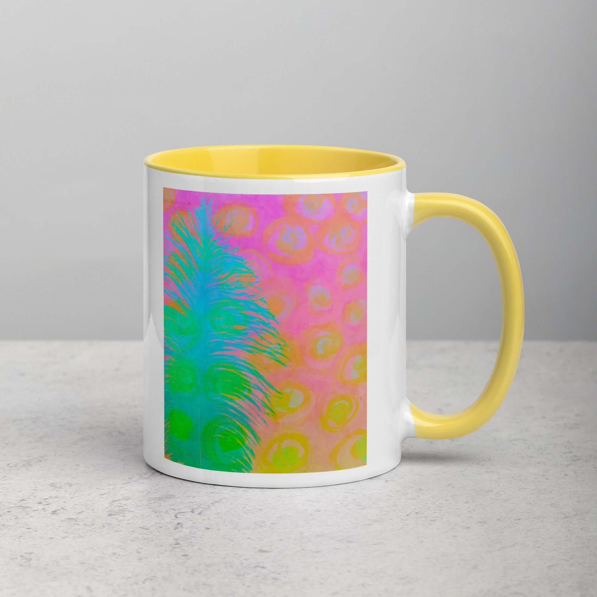 Bright Blue-Green Ostrich Feather on Pink and Yellow Background “My Other Half” Abstract Art Mug with Bright Yellow Color Inside Right Handed Front View