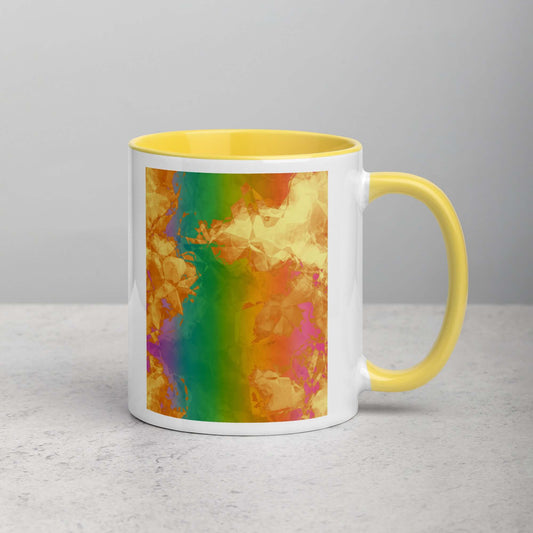 Fiery Rainbow “Rainbow Geode” Abstract Art Mug with Bright Yellow Color Inside Right Handed Front View