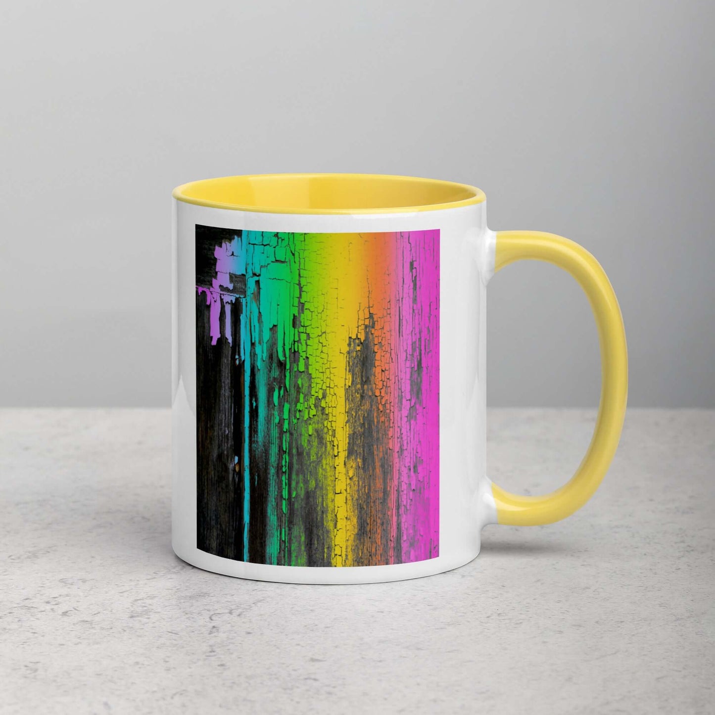 Rainbow Paint Drips on Old Wood “Rainbow Crackle” Mug with Bright Yellow Color Inside Right Handed Front View
