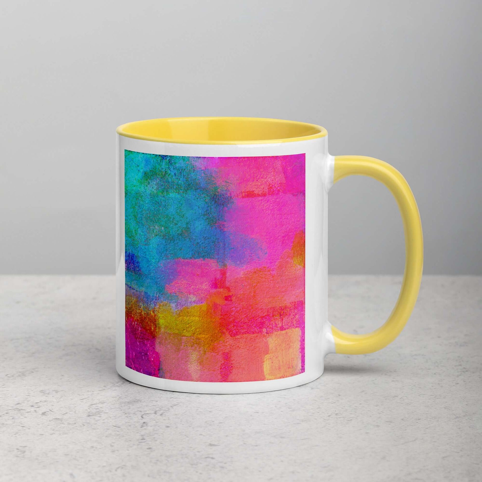 Bold Pink and Blue “Monaco” Abstract Art Mug with Bright Yellow Color Inside Right Handed Front View