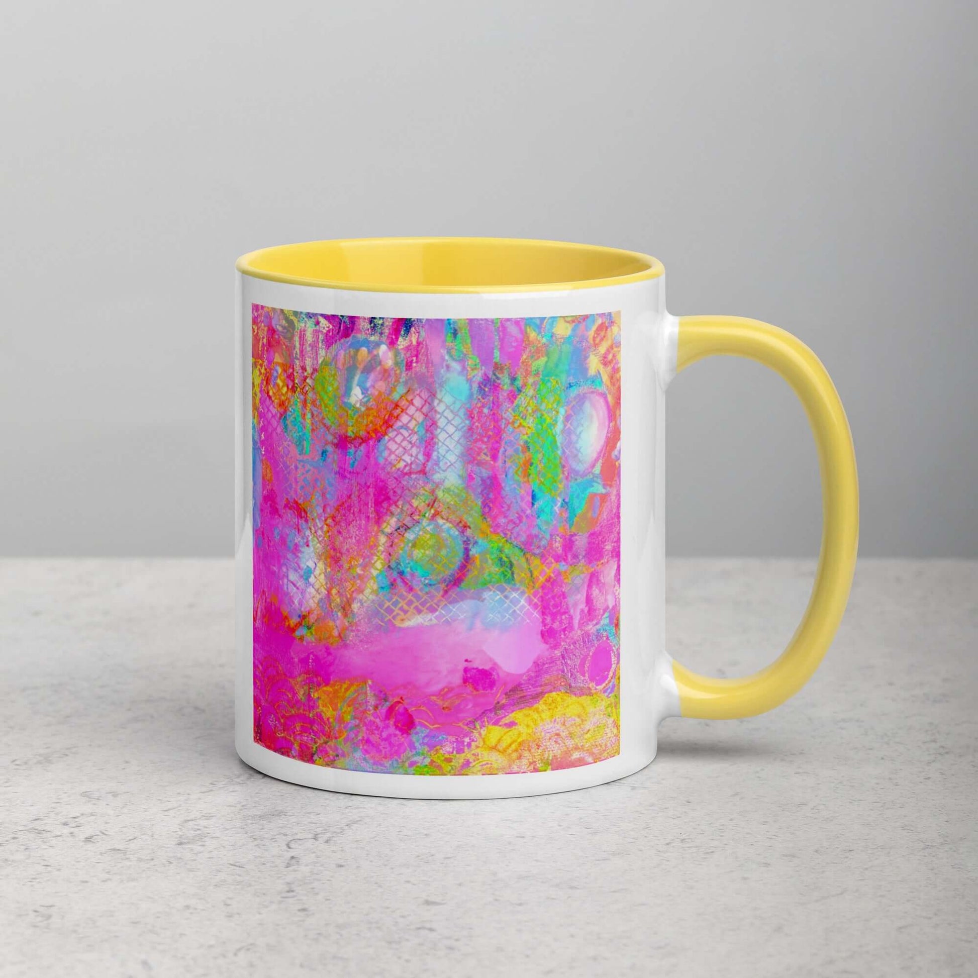  Drippy Pink “Candyland” Abstract Art Mug with Bright Yellow Color Inside Right Handed Front View