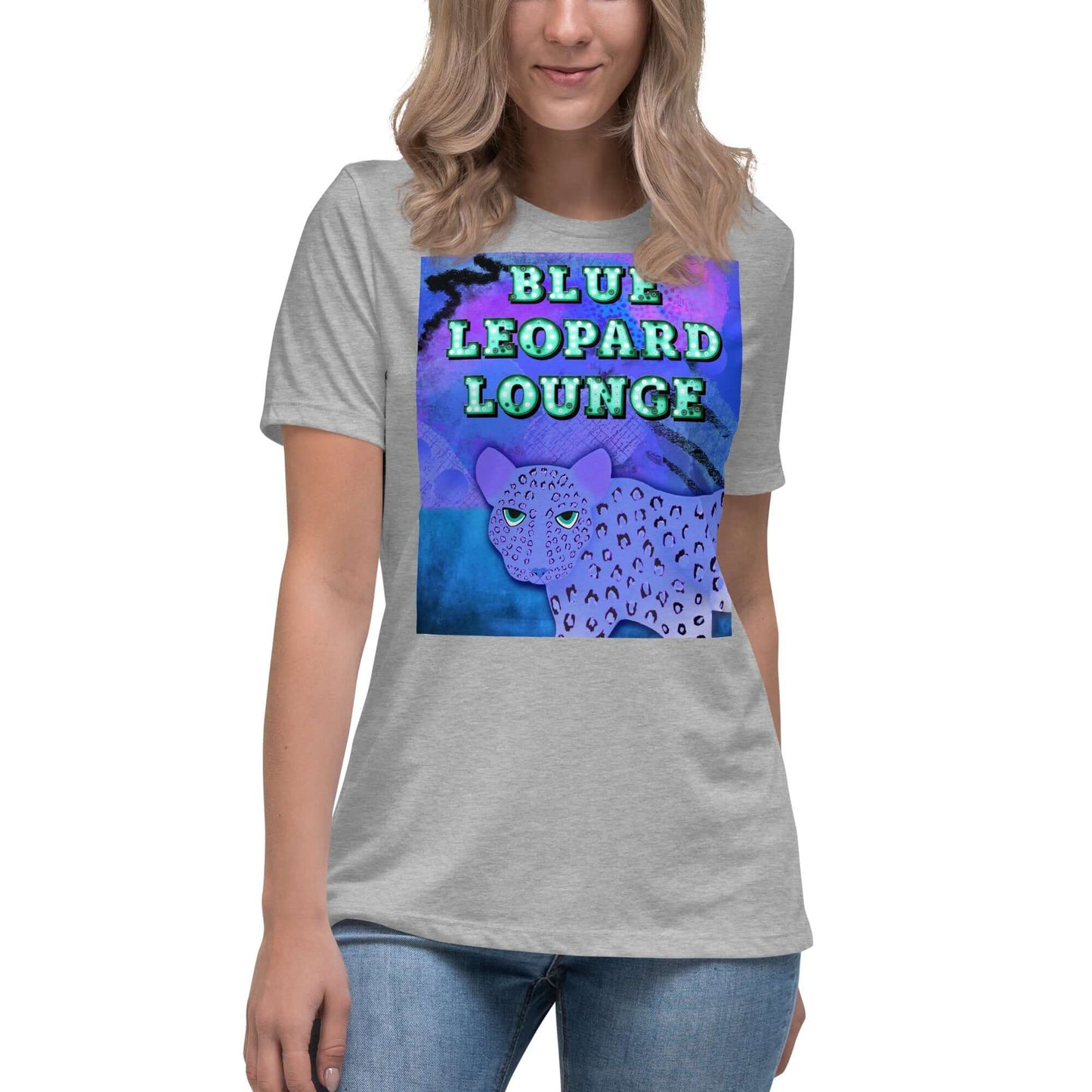 Purple Leopard on Blue and Purple Abstract Background with “Blue Leopard Lounge” Marquee Letters Women’s Short Sleeve Tee in Athletic Heather Gray