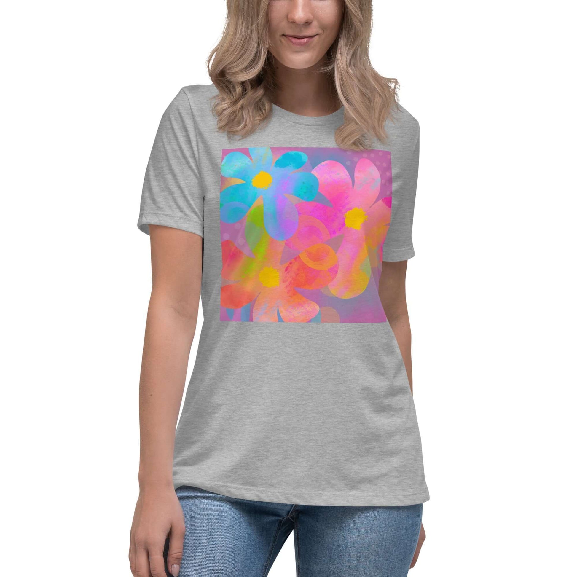 Big Colorful 1960s Psychedelic “Hippie Flowers” Women’s Short Sleeve Tee in Athletic Heather Gray