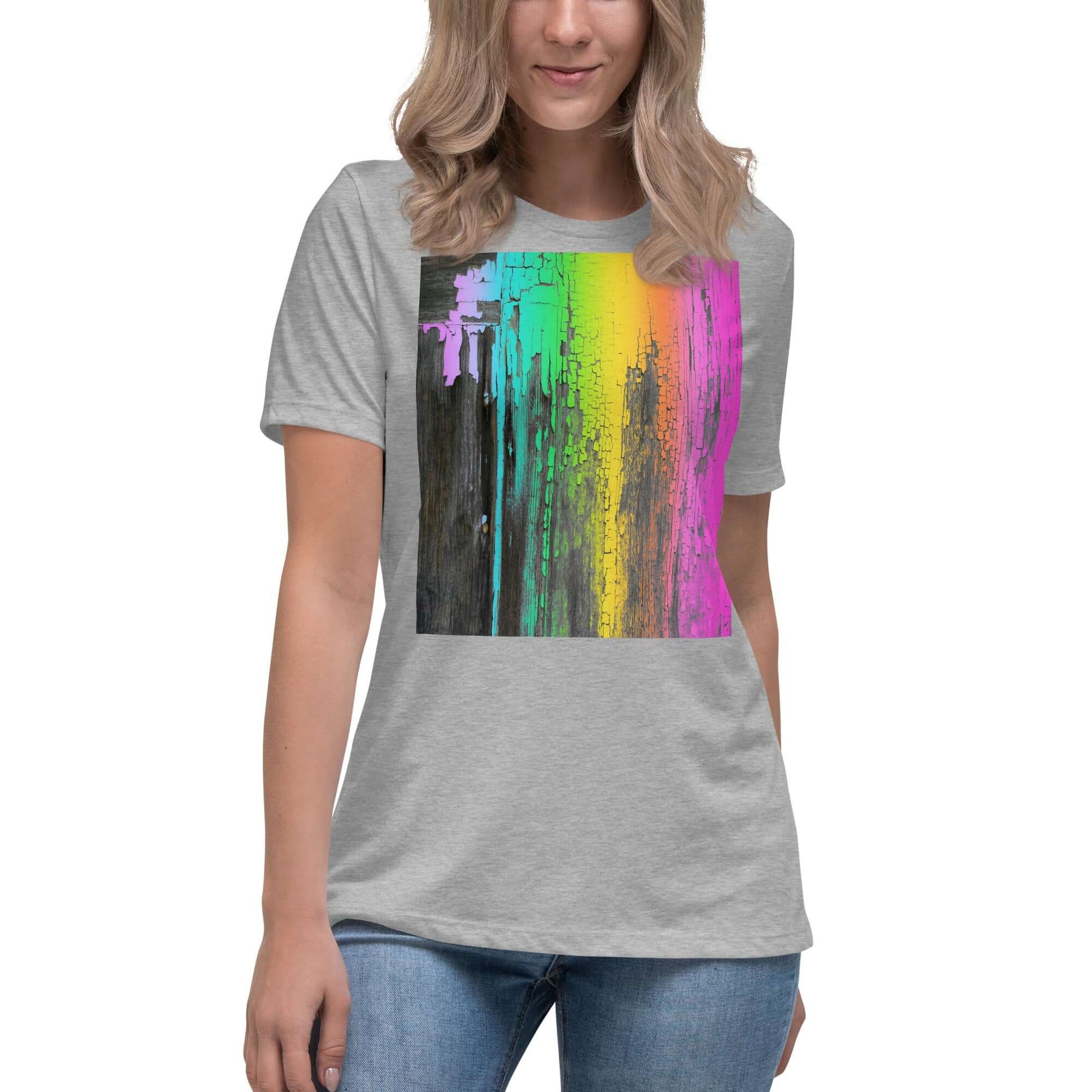 Rainbow Paint Drips on Old Wood “Rainbow Crackle” Women’s Short Sleeve Tee in Athletic Heather Gray 