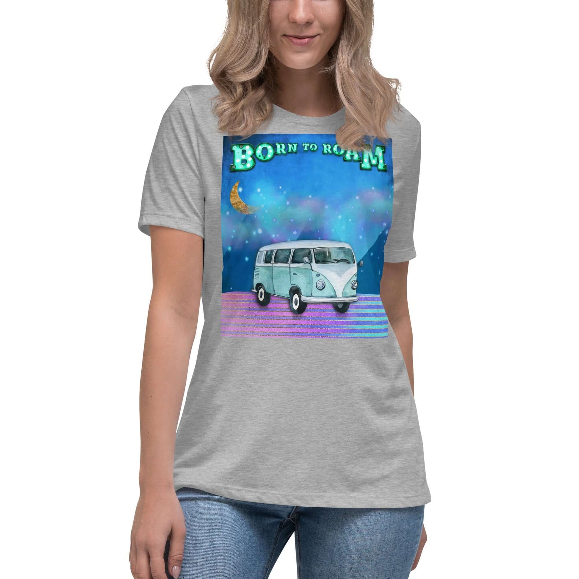 Blue Camper Van Against Blue and Purple Mountains with Moon, Clouds and Stars with “Born to Roam” Marquee Letters Women’s Short Sleeve Tee in Athletic Heather Gray