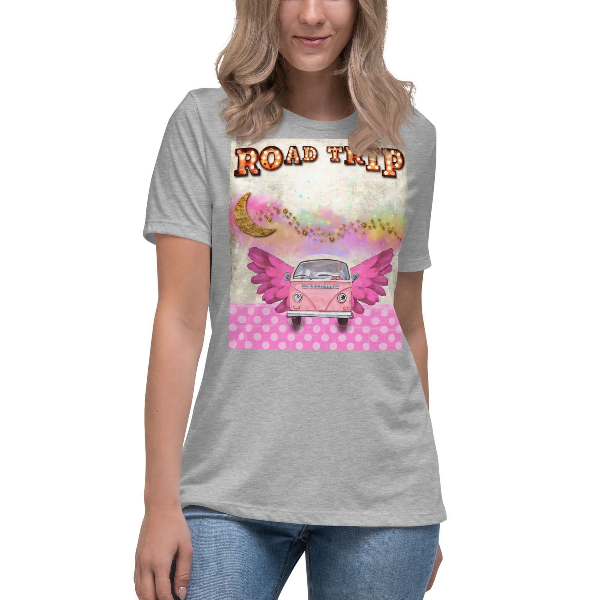 Pink Camper Van in Rainbow Clouds with Moon and Stars “Road Trip” Women’s Short Sleeve Tee in Athletic Heather Gray 