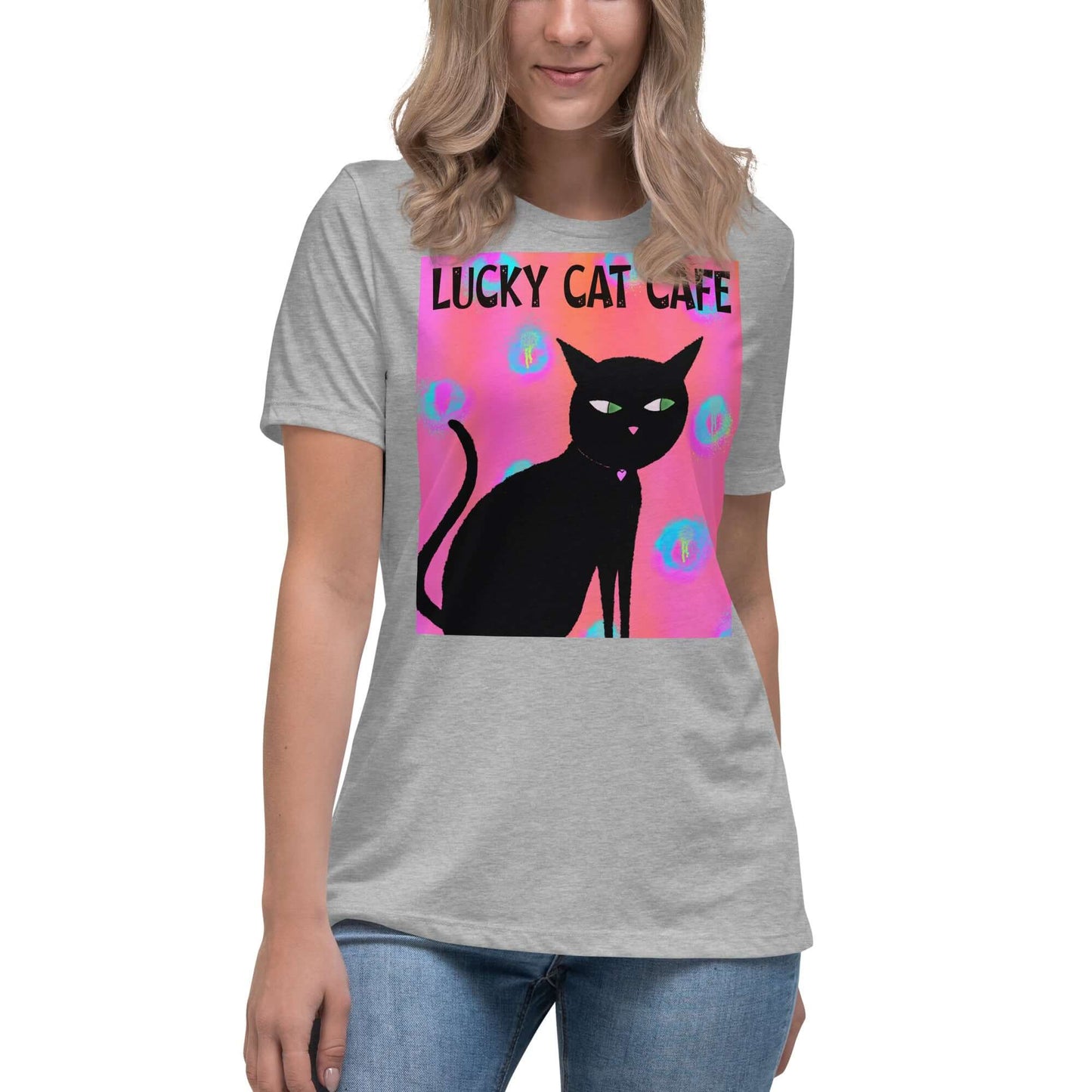 Black Cat on Hot Pink Tie Dye Background with Text “Lucky Cat Cafe” Women’s Short Sleeve Tee in Athletic Heather Gray