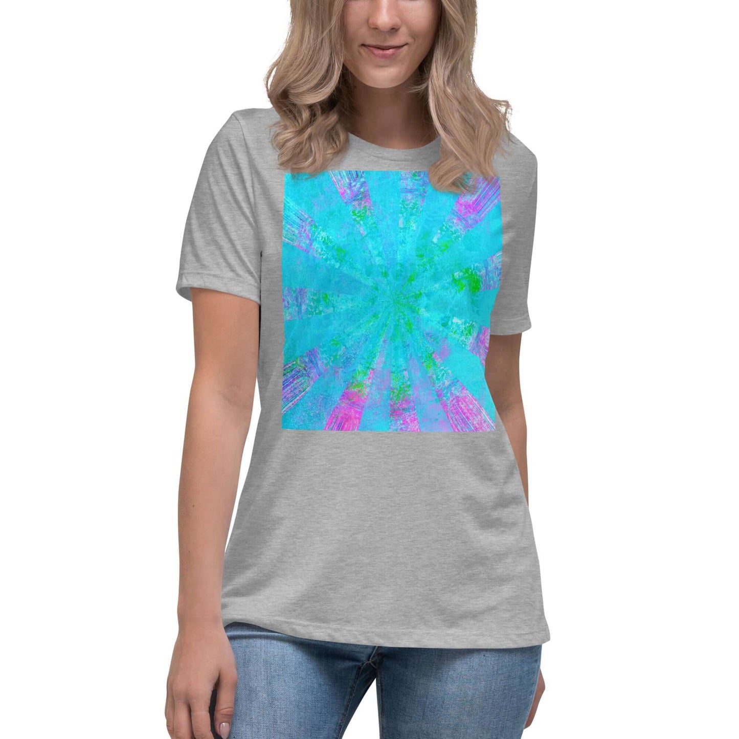 Turquoise Blue with Purple Radial Abstract Art “Blue Stingray” Women’s Short Sleeve Tee in Athletic Heather Gray