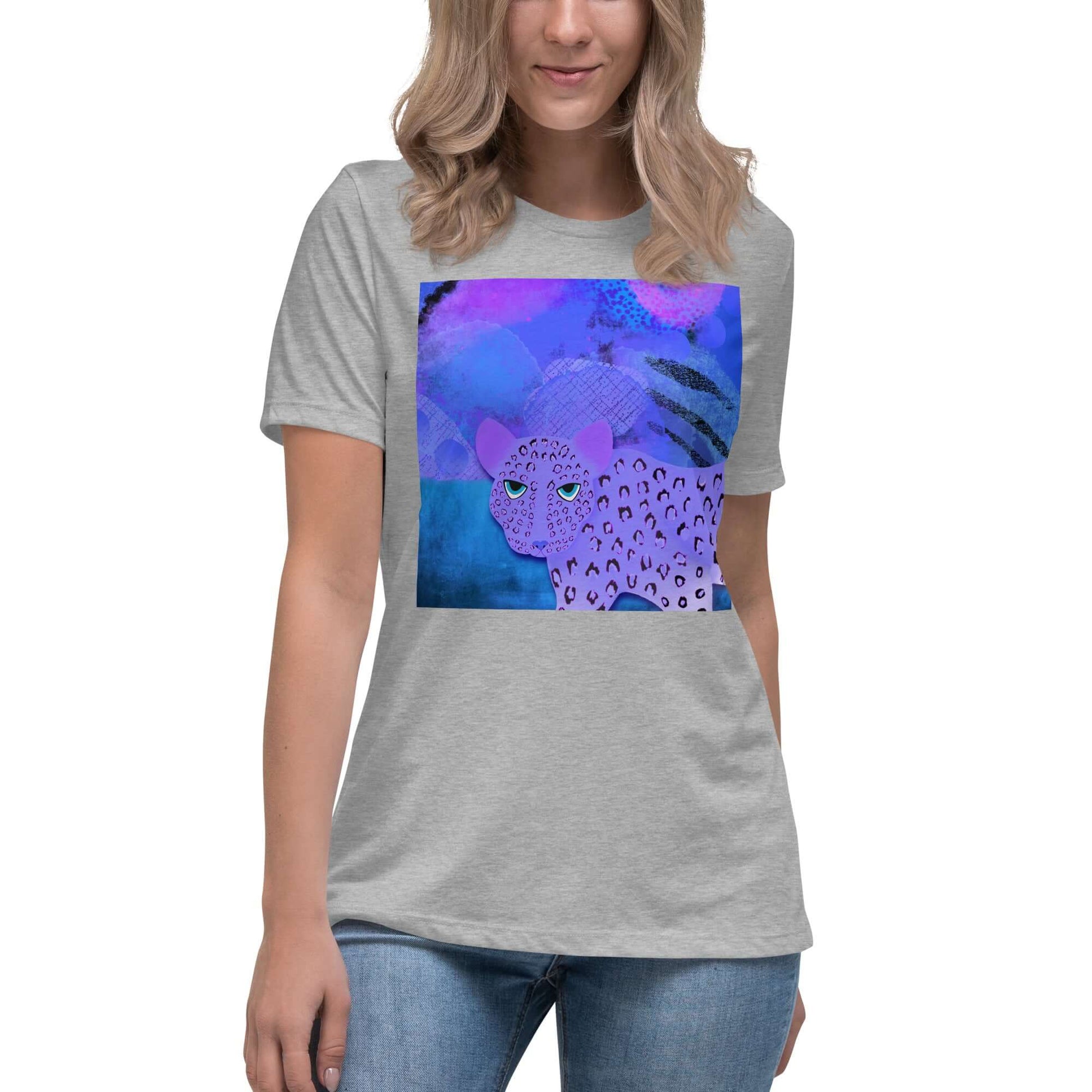 Purple Leopard on Blue and Purple Abstract Background “Blue Leopard” Women’s Short Sleeve Tee in Athletic Heather Gray