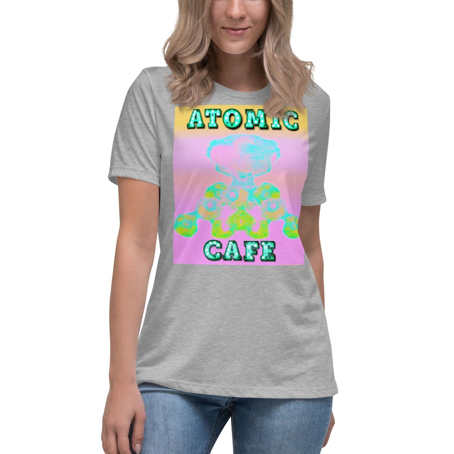 Pastel Atomic Blast with “Atomic Cafe” in Marquee Letters Women’s Relaxed Short Sleeve Tee in Athletic Heather Gray