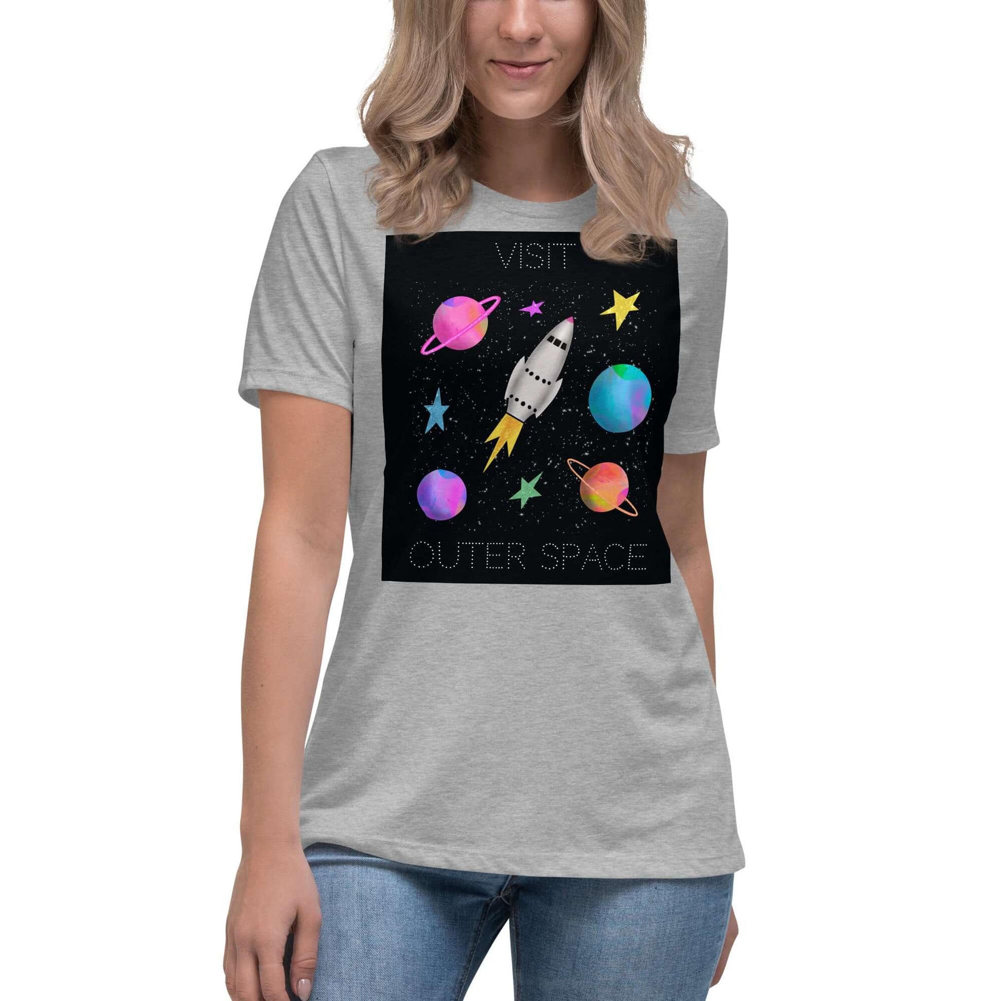 Whimsical Space Rocket with Colorful Planets and Stars on Black Background with Text “Visit Outer Space” Women’s Short Sleeve Tee in Athletic Heather Gray