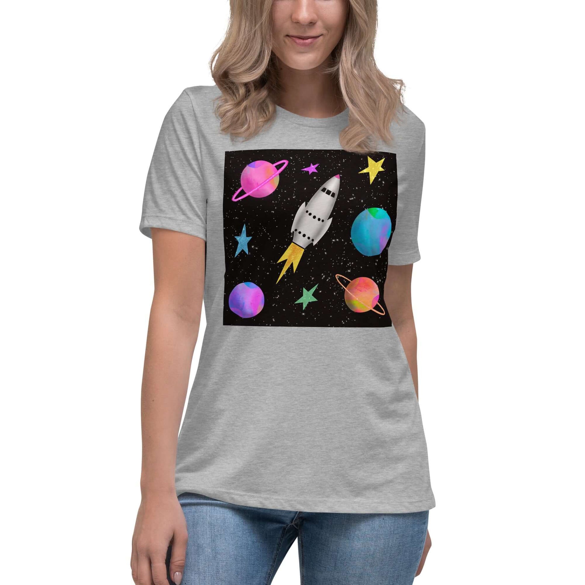 Rocket with Colorful Stars and Planets “Space Rockets” Women’s Short Sleeve Tee in Athletic Heather Gray
