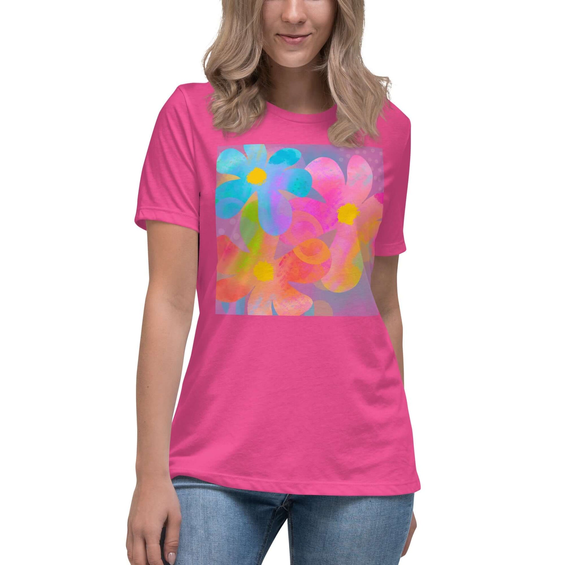 Big Colorful 1960s Psychedelic “Hippie Flowers” Women’s Short Sleeve Tee in Berry