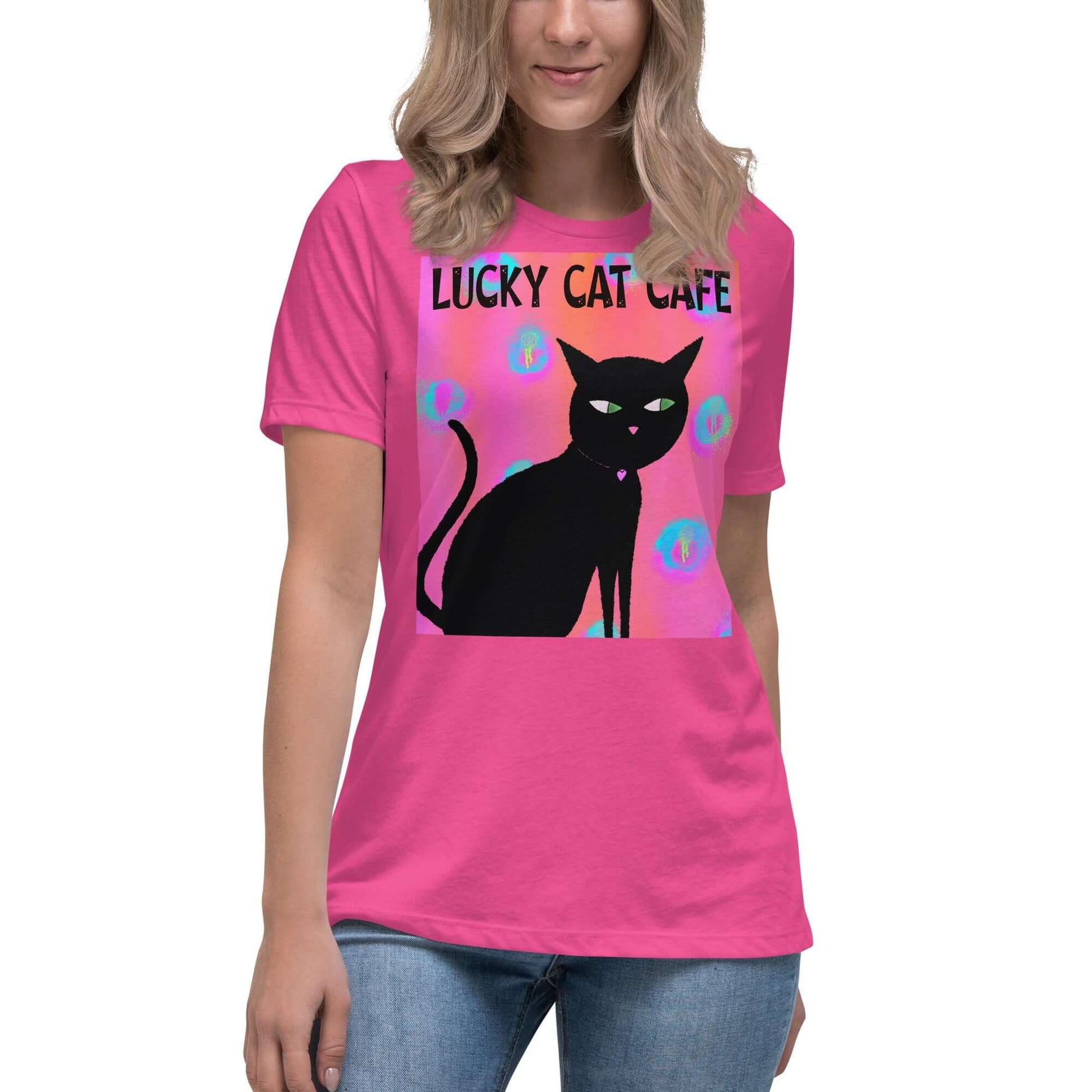 Black Cat on Hot Pink Tie Dye Background with Text “Lucky Cat Cafe” Women’s Short Sleeve Tee in Berry