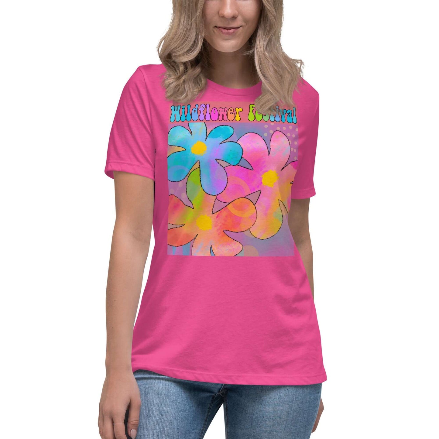 Big Colorful Hippie 1960s Psychedelic Flowers with Text “Wildflower Festival” Women’s Short Sleeve Tee in Berry