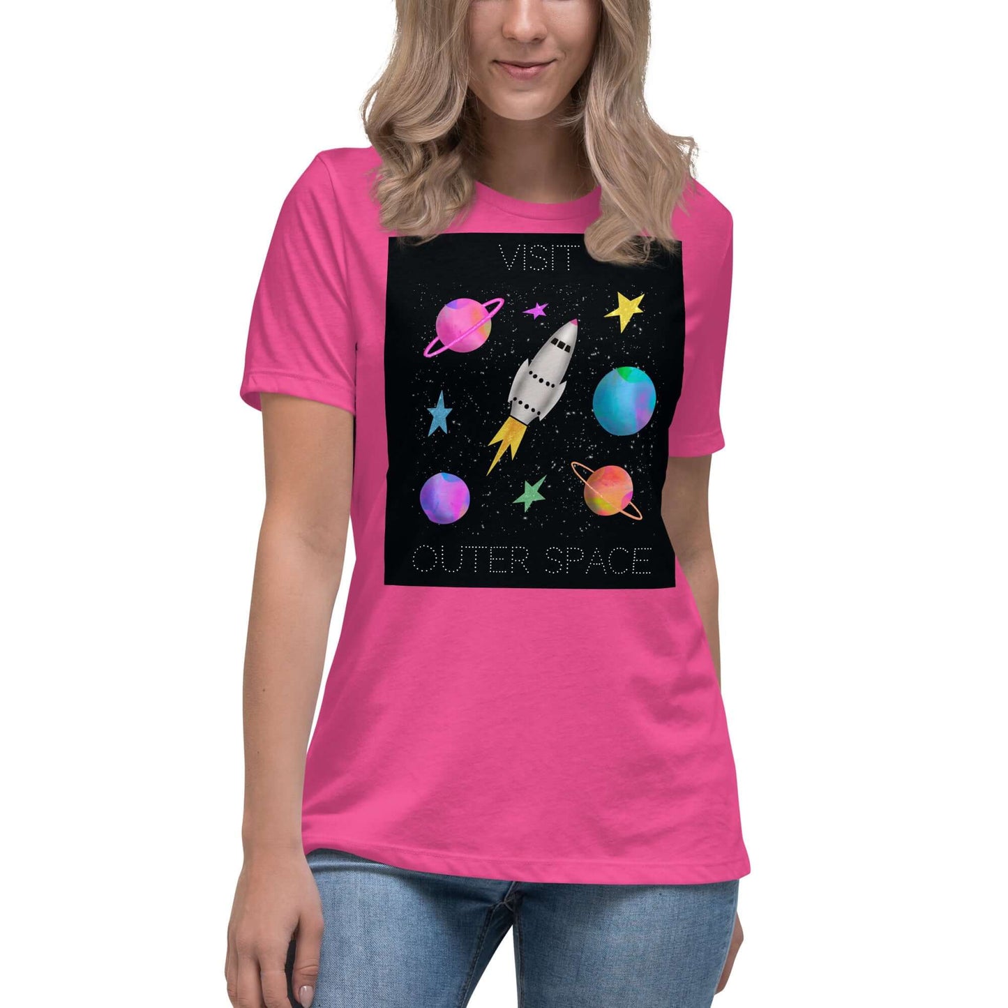 Whimsical Space Rocket with Colorful Planets and Stars on Black Background with Text “Visit Outer Space” Women’s Short Sleeve Tee in Berry