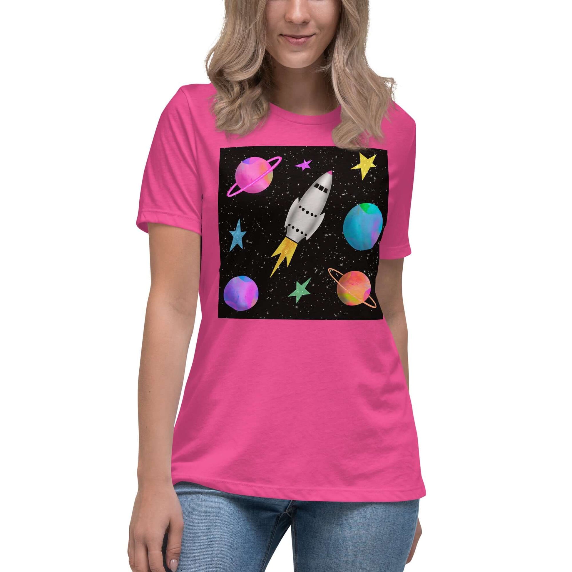 Rocket with Colorful Stars and Planets “Space Rockets” Women’s Short Sleeve Tee in Berry