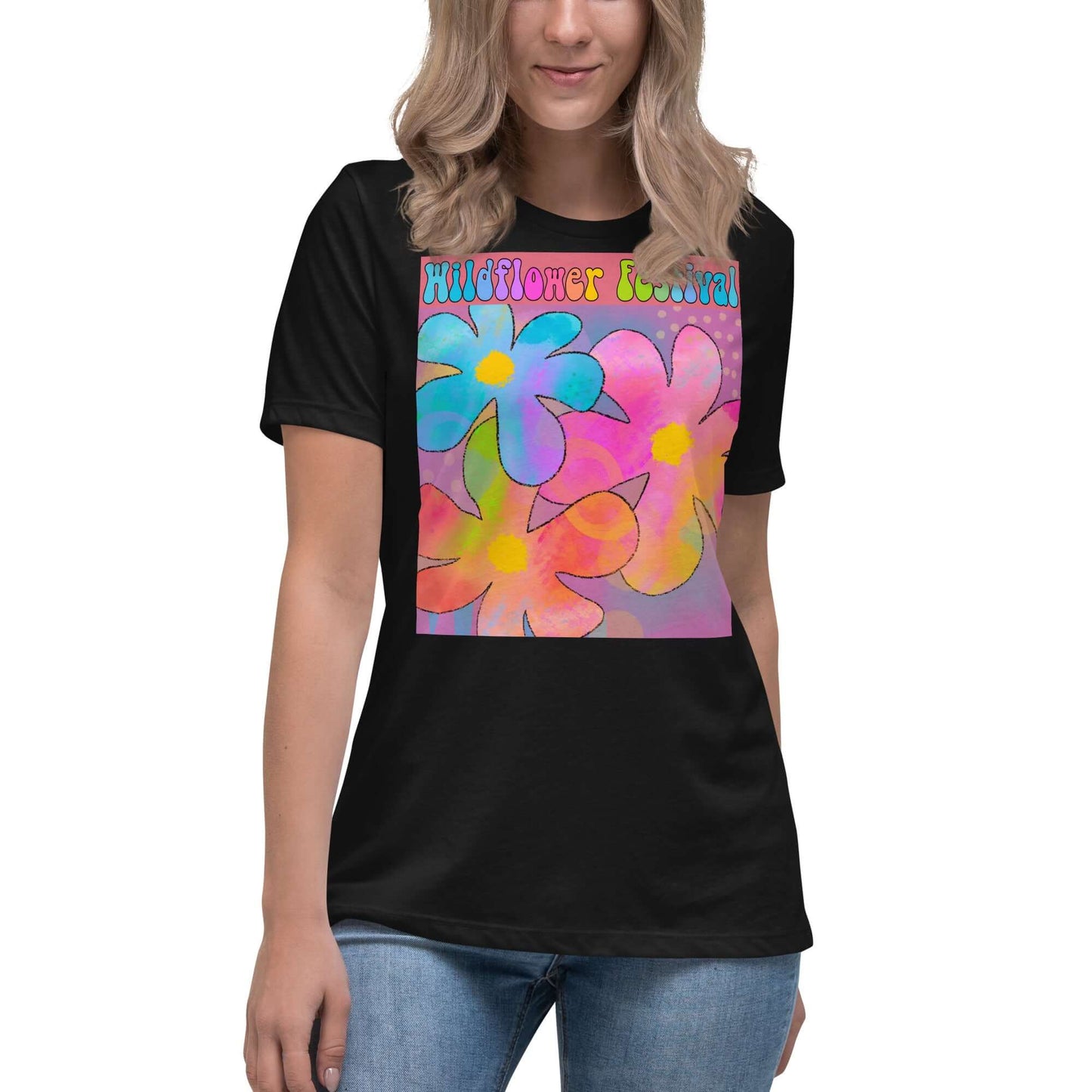 Big Colorful Hippie 1960s Psychedelic Flowers with Text “Wildflower Festival” Women’s Short Sleeve Tee in Black