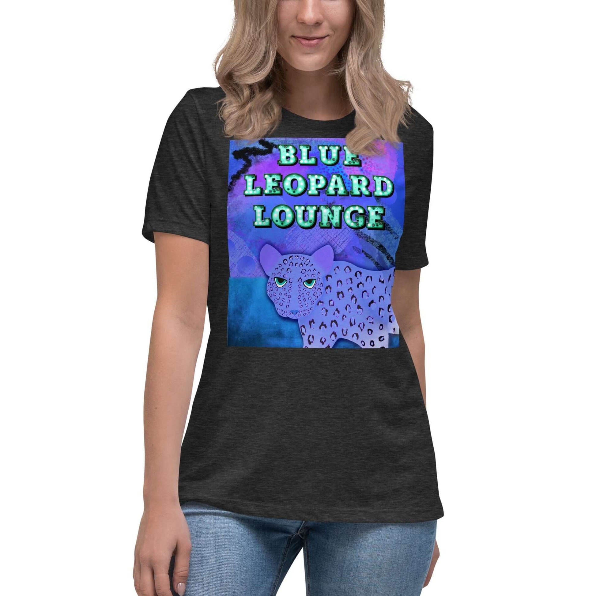 Purple Leopard on Blue and Purple Abstract Background with “Blue Leopard Lounge” Marquee Letters Women’s Short Sleeve Tee in Dark Gray Heather