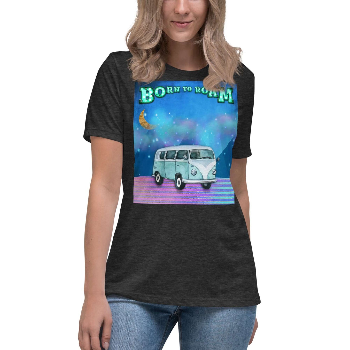 Blue Camper Van Against Blue and Purple Mountains with Moon, Clouds and Stars with “Born to Roam” Marquee Letters Women’s Short Sleeve Tee in Dark Gray Heather