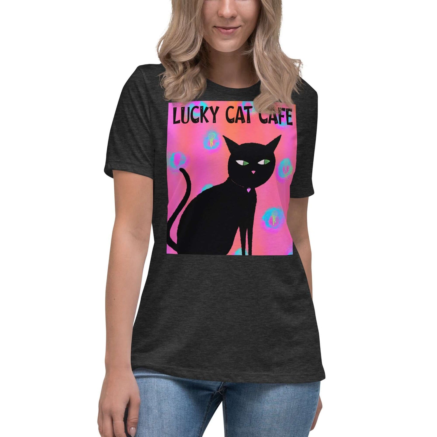 Black Cat on Hot Pink Tie Dye Background with Text “Lucky Cat Cafe” Women’s Short Sleeve Tee in Dark Gray Heather