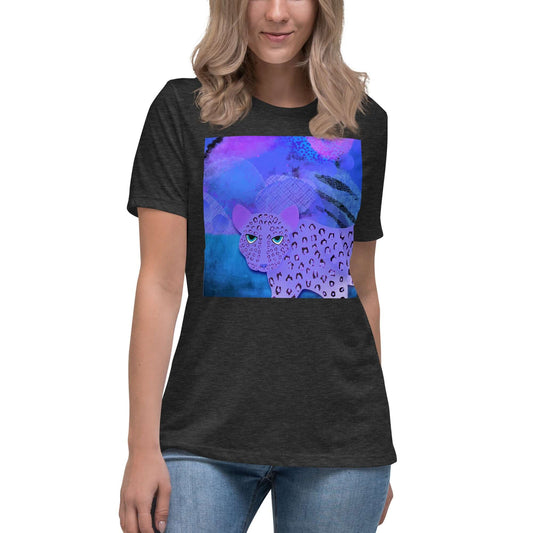 Purple Leopard on Blue and Purple Abstract Background “Blue Leopard” Women’s Short Sleeve Tee in Navy