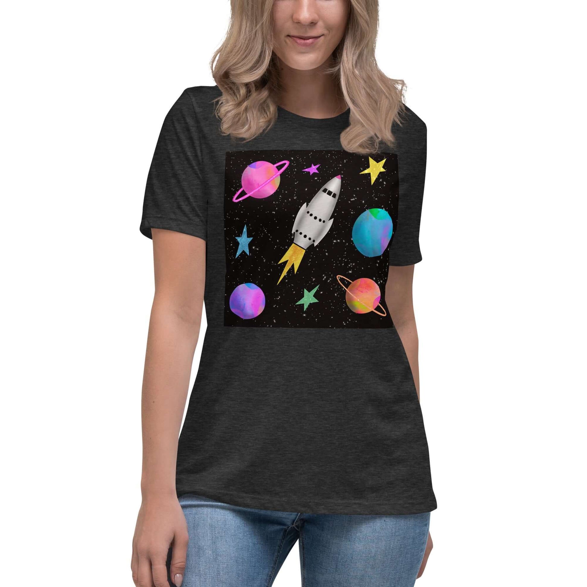 Rocket with Colorful Stars and Planets “Space Rockets” Women’s Short Sleeve Tee in Dark Gray Heather