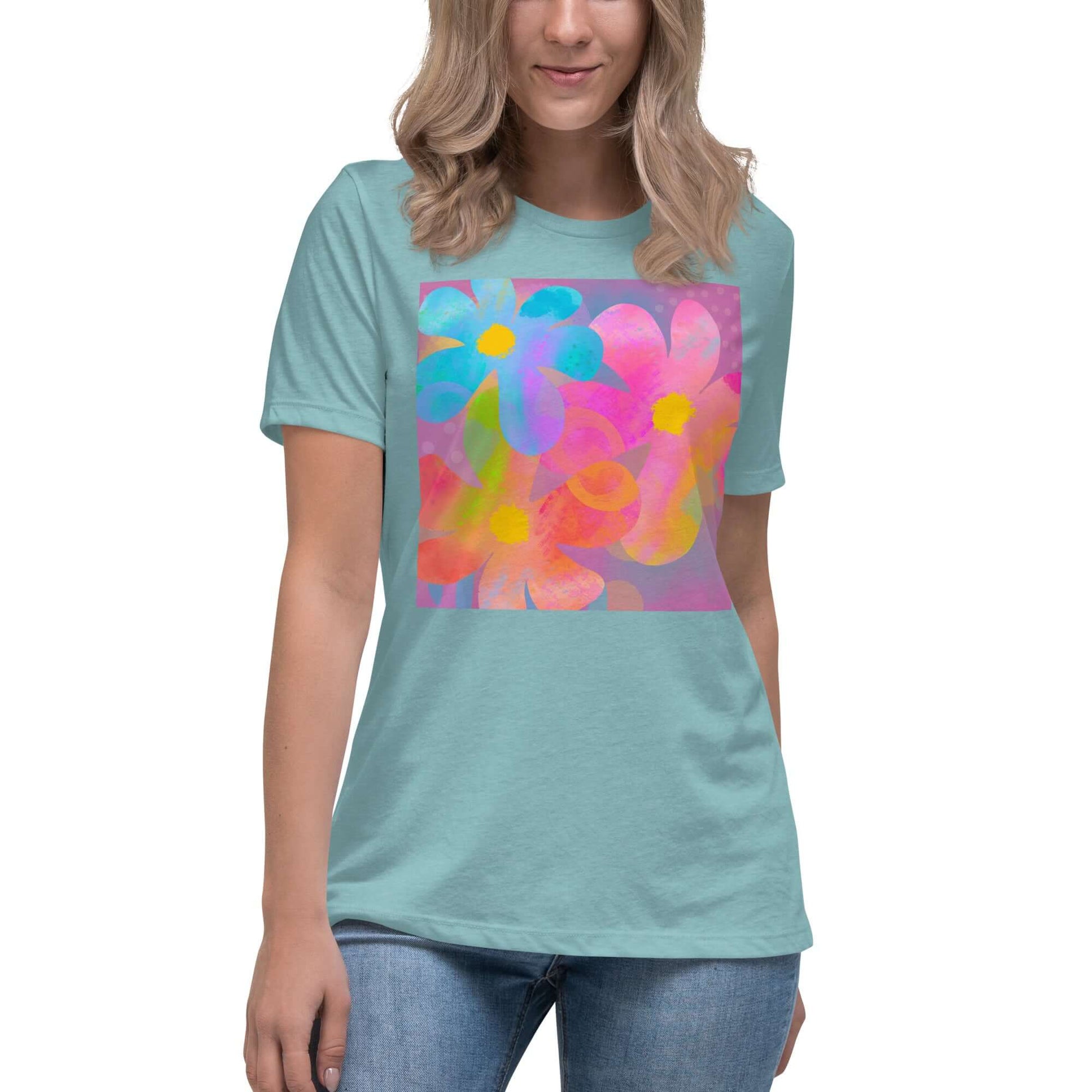 Big Colorful 1960s Psychedelic “Hippie Flowers” Women’s Short Sleeve Tee in Heather Blue Lagoon