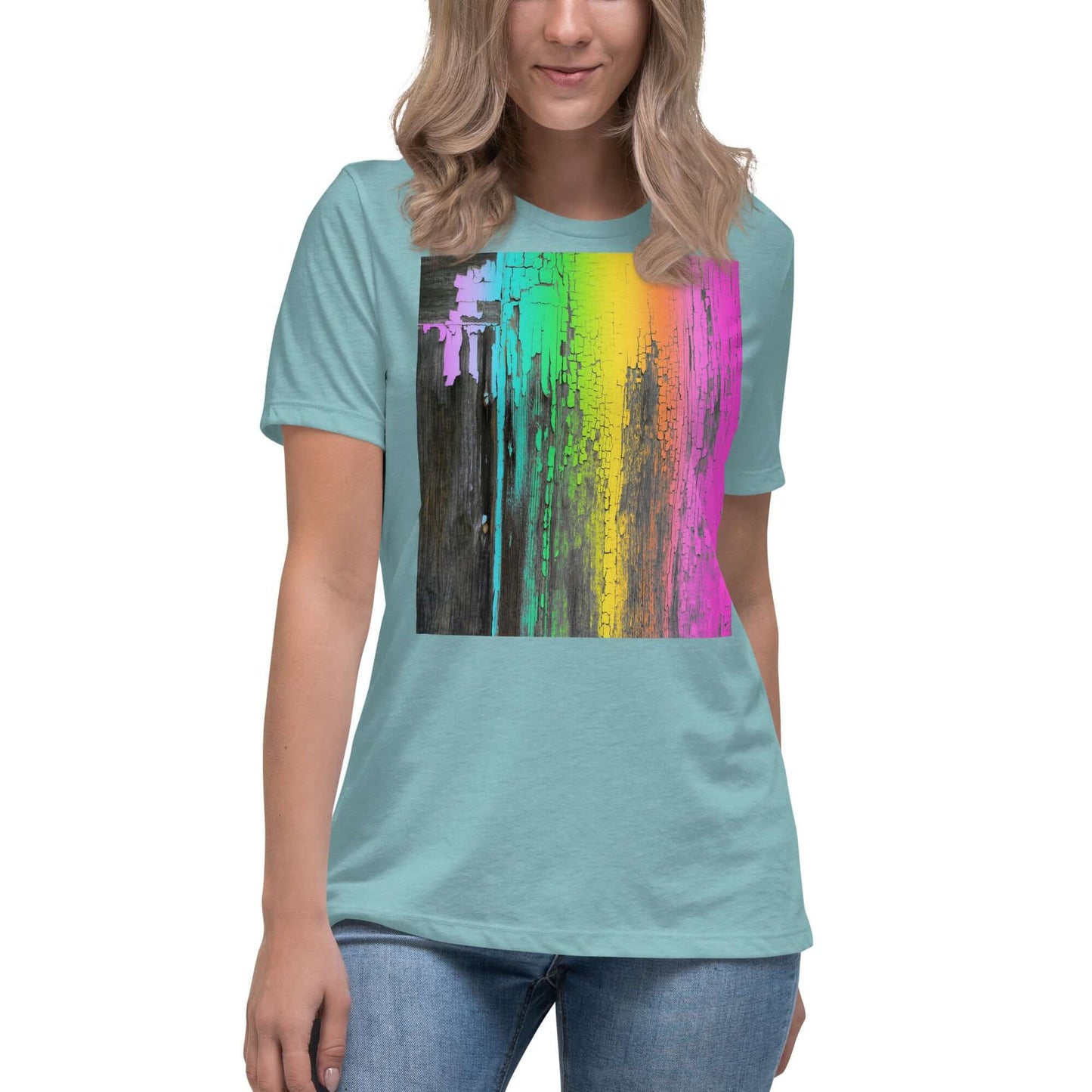 Rainbow Paint Drips on Old Wood “Rainbow Crackle” Women’s Short Sleeve Tee in Heather Blue Lagoon