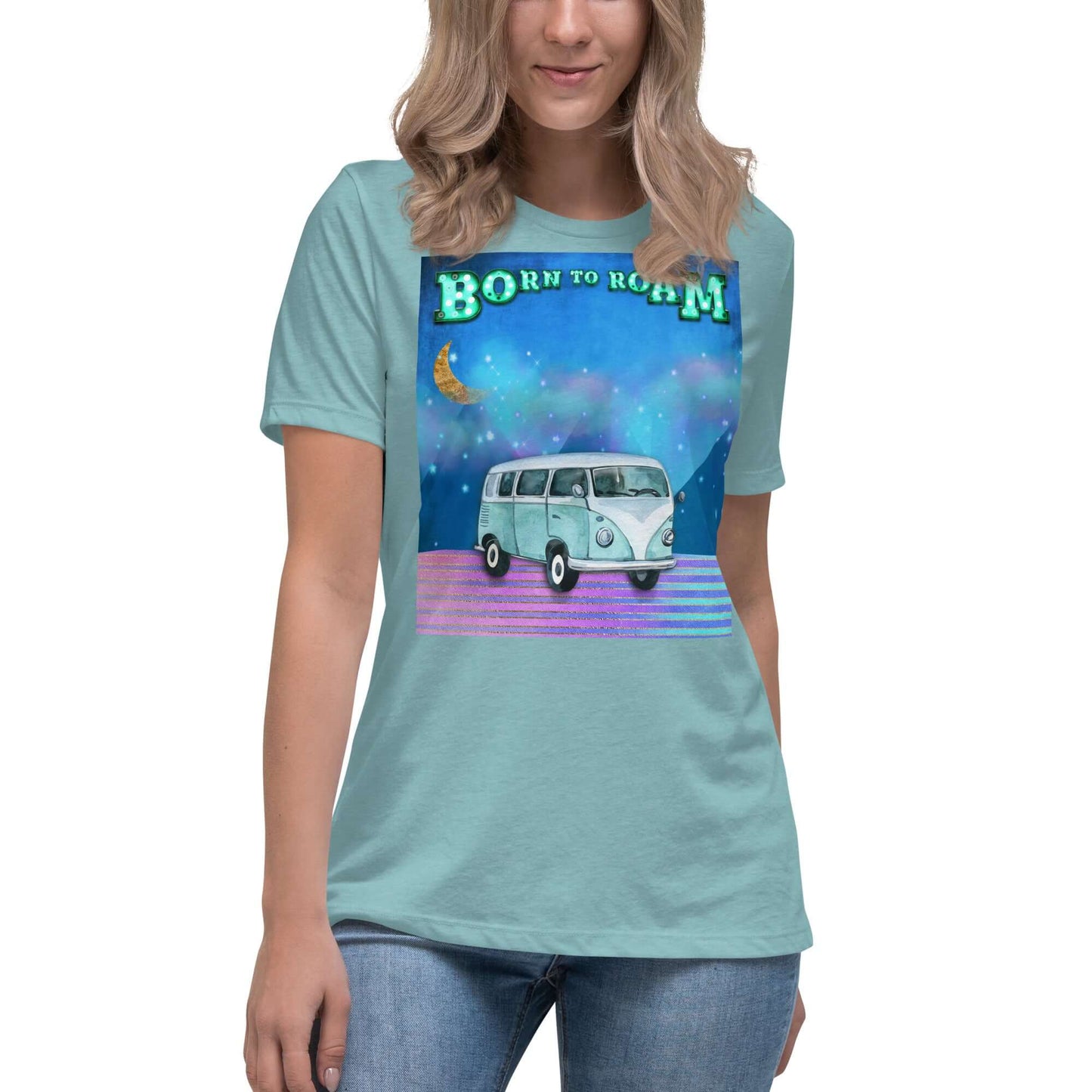 Blue Camper Van Against Blue and Purple Mountains with Moon, Clouds and Stars with “Born to Roam” Marquee Letters Women’s Short Sleeve Tee in Heather Blue Lagoon