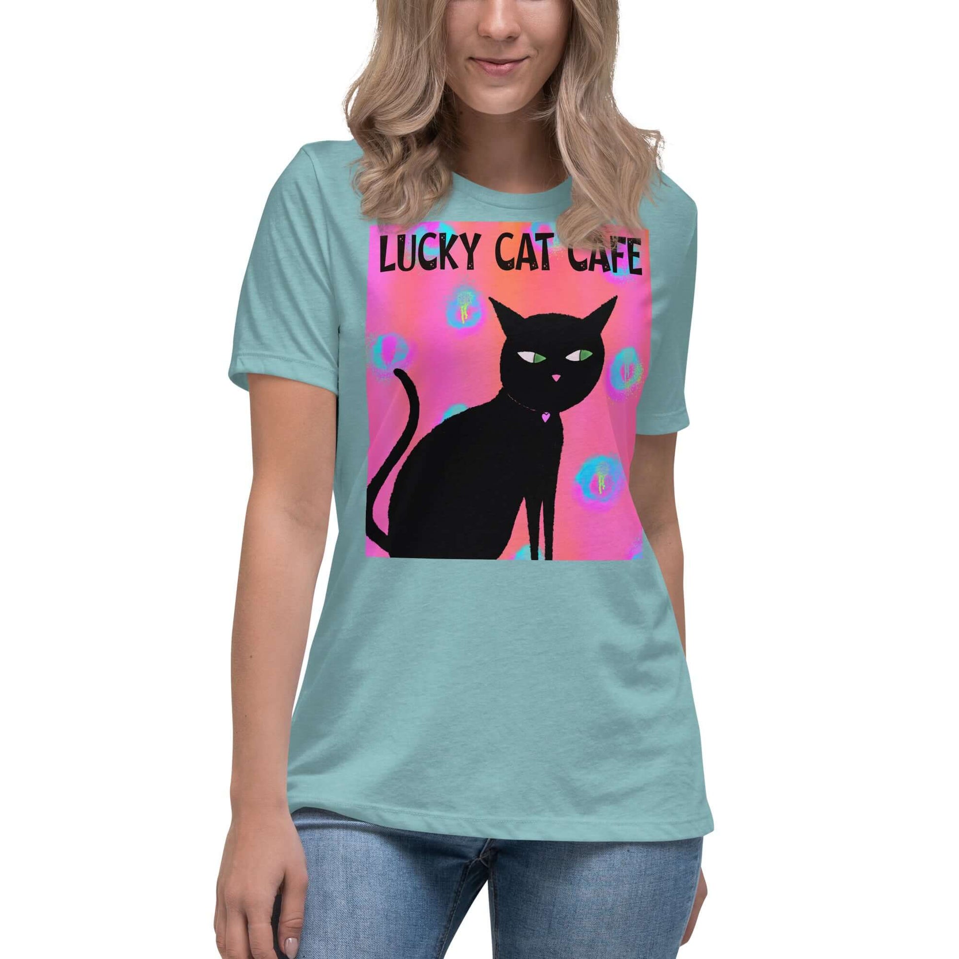 Black Cat on Hot Pink Tie Dye Background with Text “Lucky Cat Cafe” Women’s Short Sleeve Tee in Heather Blue Lagoon