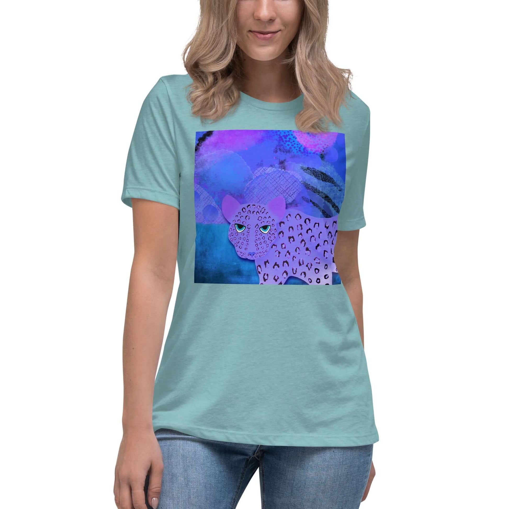 Purple Leopard on Blue and Purple Abstract Background “Blue Leopard” Women’s Short Sleeve Tee in Heather Blue Lagoon
