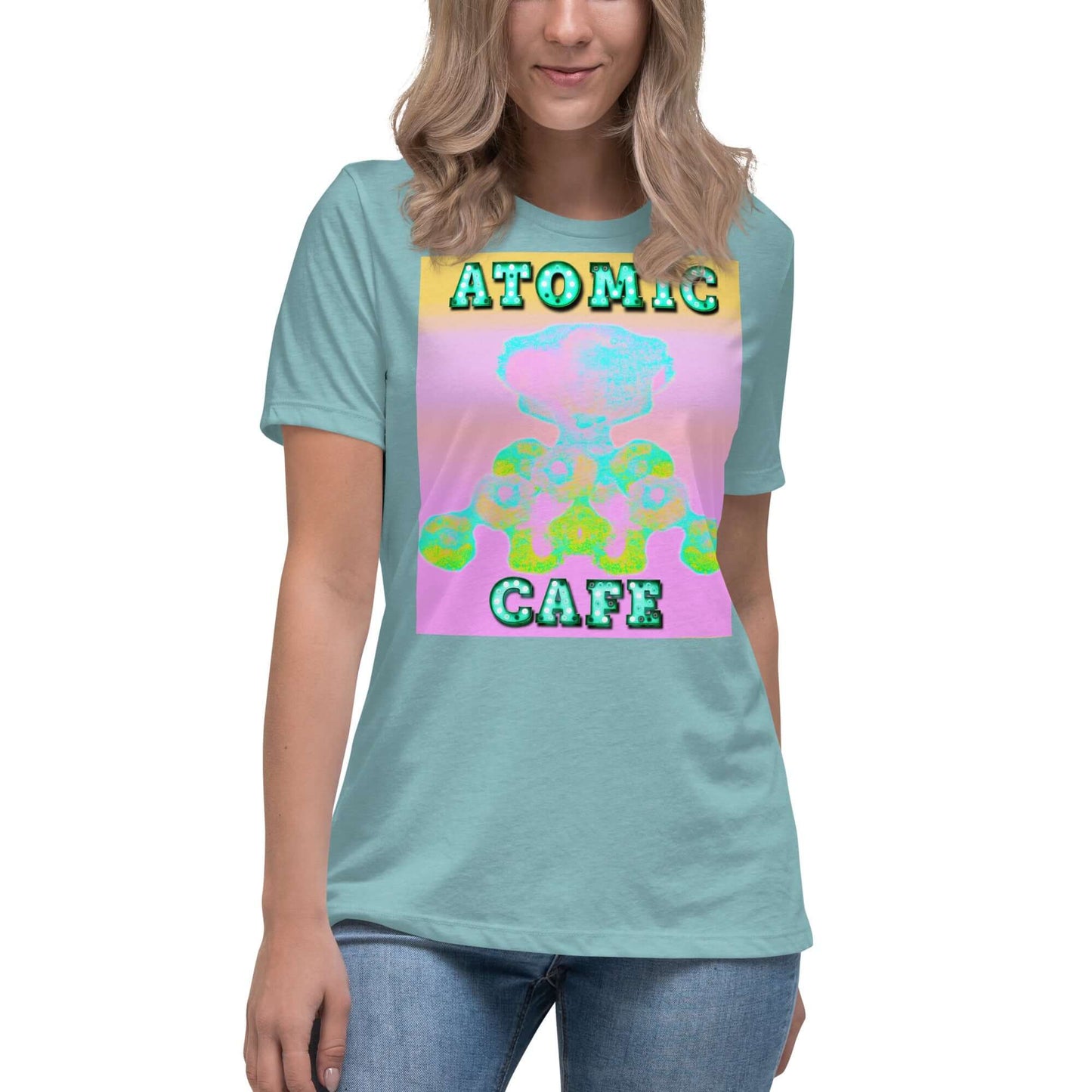 Pastel Atomic Blast with “Atomic Cafe” in Marquee Letters Women’s Relaxed Short Sleeve Tee in Heather Blue Lagoon