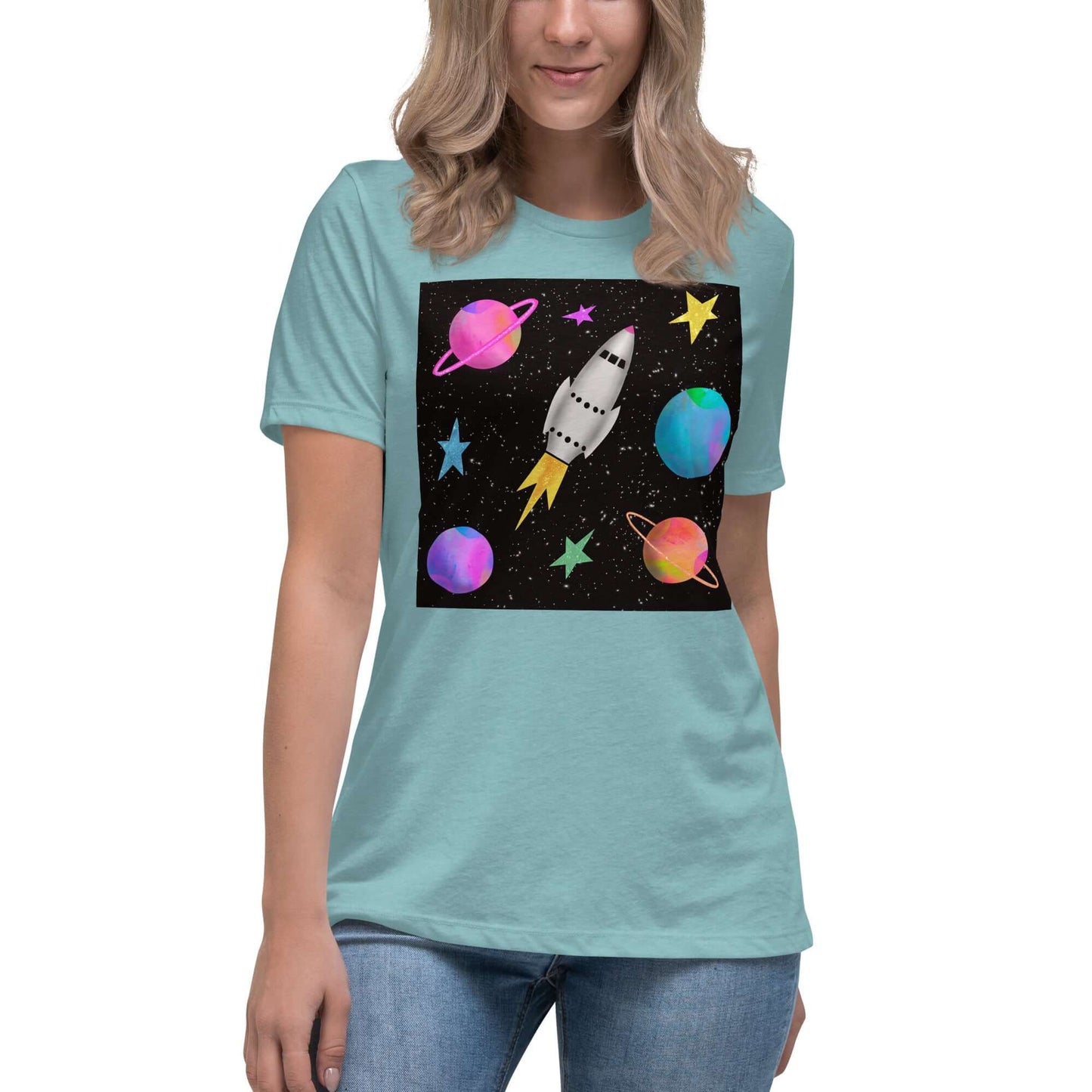 Rocket with Colorful Stars and Planets “Space Rockets” Women’s Short Sleeve Tee in Heather Blue Lagoon